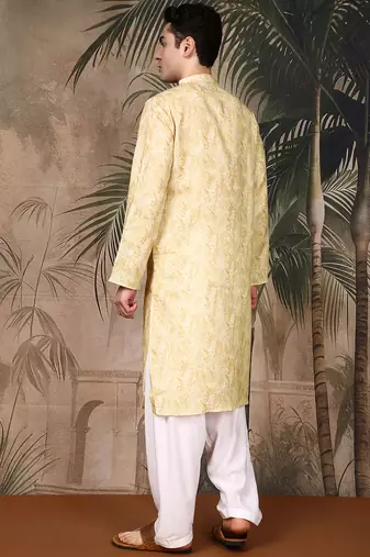 Light yellow cotton printed kurta pajama for mens