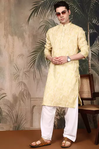 Light yellow cotton printed kurta pajama for mens