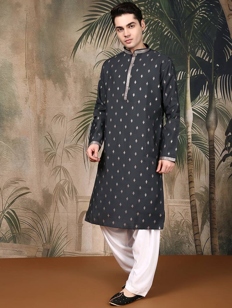 Charcoal rayon sequins kurta pajama for mens