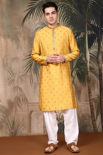 Mustard rayon sequins kurta pajama for mens