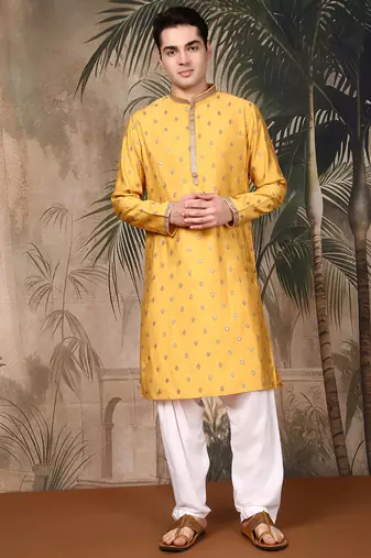 Mustard rayon sequins kurta pajama for mens