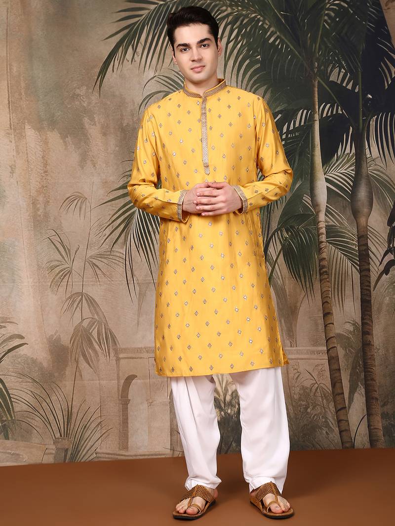 Mustard rayon sequins kurta pajama for mens