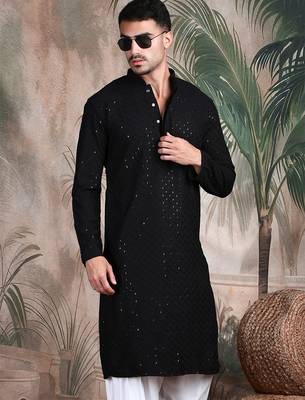 Black cotton sequins kurta pajama for mens 2
