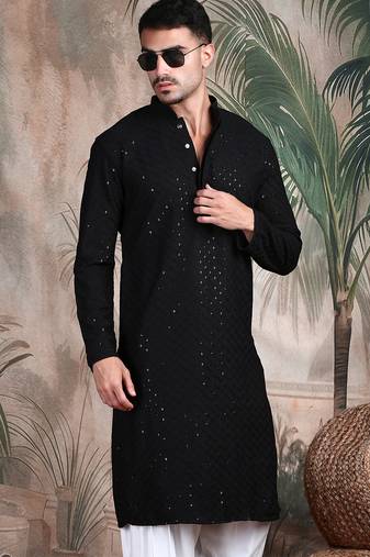 Black cotton sequins kurta pajama for mens
