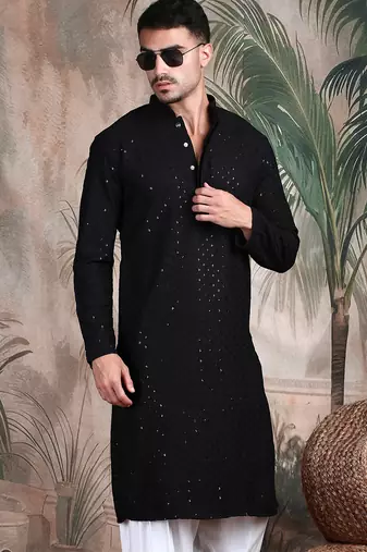 Black cotton sequins kurta pajama for mens
