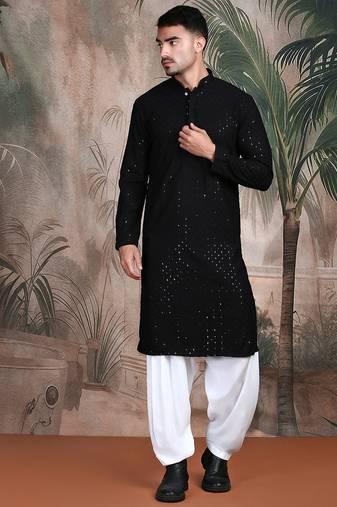 Black cotton sequins kurta pajama for mens