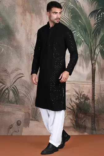 Black cotton sequins kurta pajama for mens