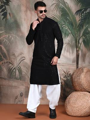 Black cotton sequins kurta pajama for mens 5