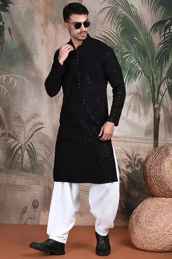 Black cotton sequins kurta pajama for mens