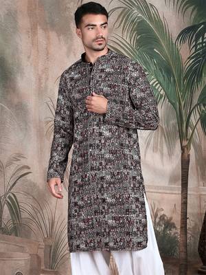 Beige cotton sequins kurta pajama for mens 2