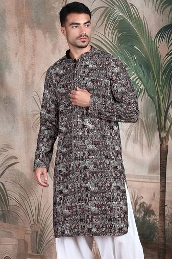 Beige cotton sequins kurta pajama for mens