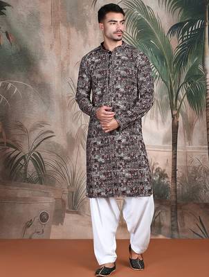 Beige cotton sequins kurta pajama for mens 1