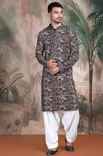 Beige cotton sequins kurta pajama for mens