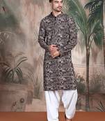 Beige cotton sequins kurta pajama for mens