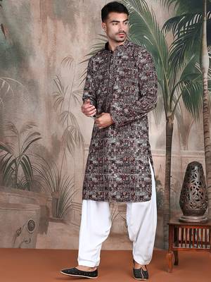 Beige cotton sequins kurta pajama for mens 3