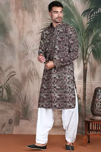 Beige cotton sequins kurta pajama for mens