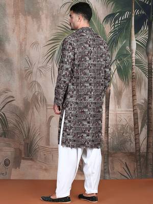 Beige cotton sequins kurta pajama for mens 4