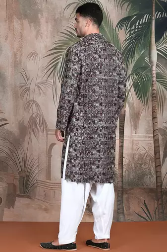 Beige cotton sequins kurta pajama for mens