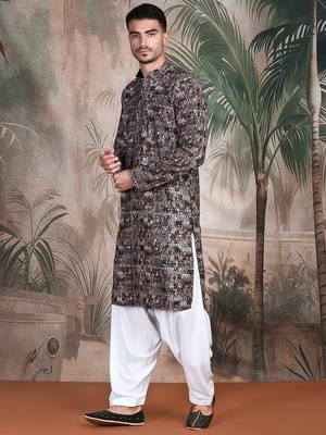 Beige cotton sequins kurta pajama for mens 5