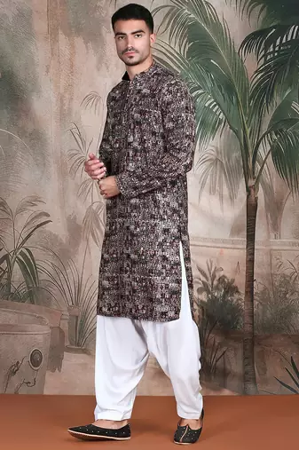 Beige cotton sequins kurta pajama for mens