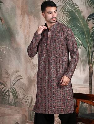 Brown cotton sequins kurta pajama for mens 2