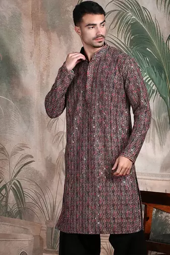 Brown cotton sequins kurta pajama for mens