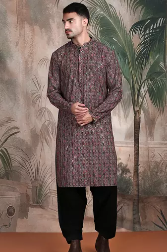 Brown cotton sequins kurta pajama for mens