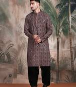 Brown cotton sequins kurta pajama for mens