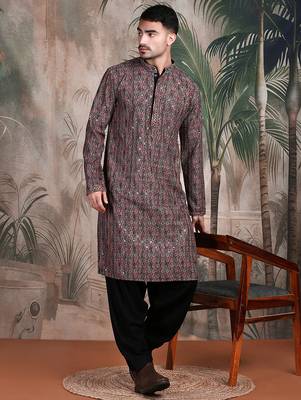 Brown cotton sequins kurta pajama for mens 3