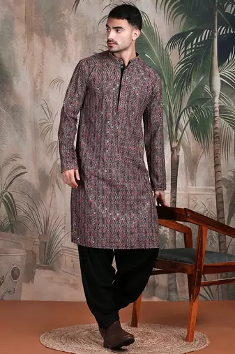 Brown cotton sequins kurta pajama for mens