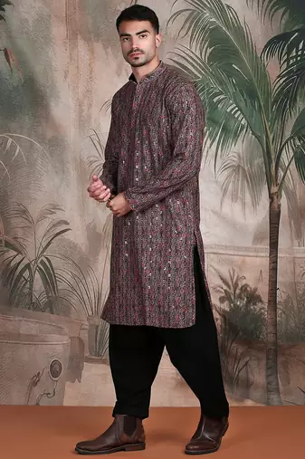 Brown cotton sequins kurta pajama for mens