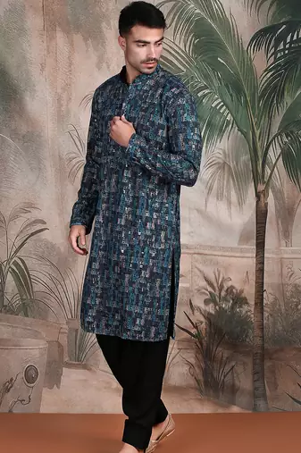 Firozi cotton sequins kurta pajama for mens