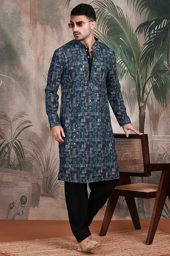 Firozi cotton sequins kurta pajama for mens