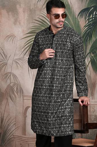 Black cotton sequins kurta pajama for mens