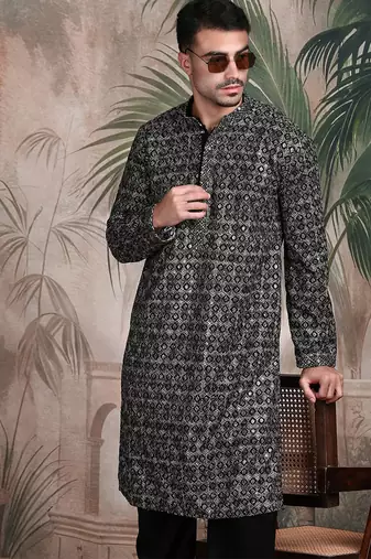 Black cotton sequins kurta pajama for mens