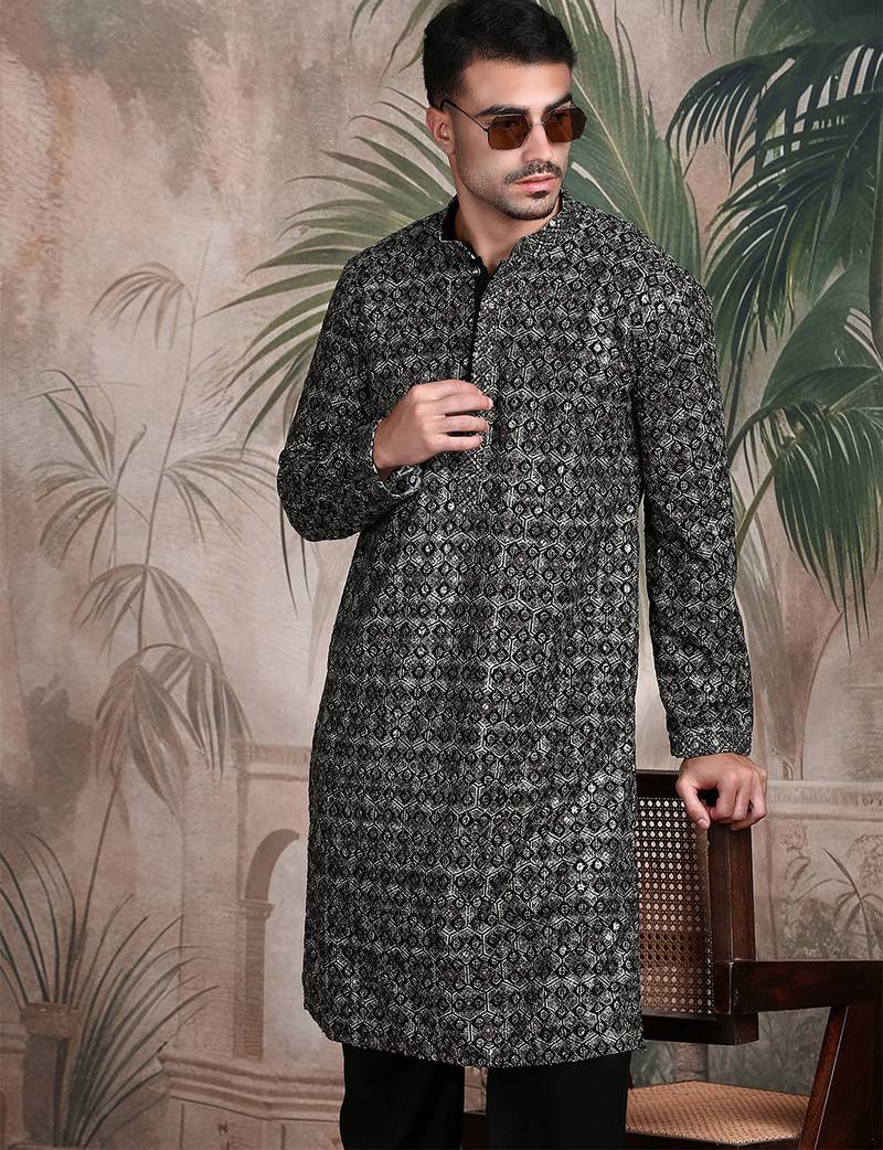 Black cotton sequins kurta pajama for mens