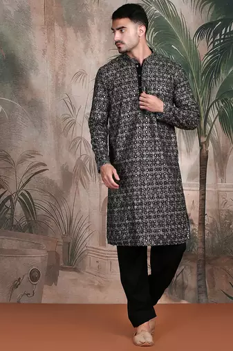 Black cotton sequins kurta pajama for mens