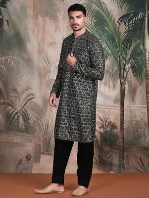 Black cotton sequins kurta pajama for mens 3