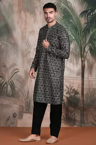 Black cotton sequins kurta pajama for mens