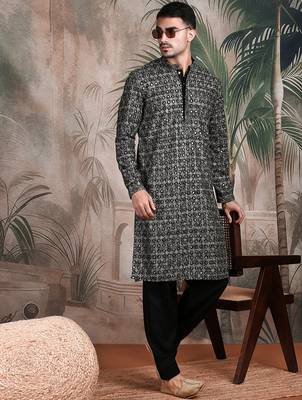 Black cotton sequins kurta pajama for mens 5