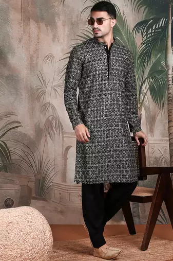 Black cotton sequins kurta pajama for mens