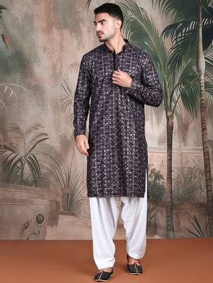 Rust cotton sequins kurta pajama for mens 2