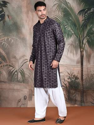 Rust cotton sequins kurta pajama for mens 3