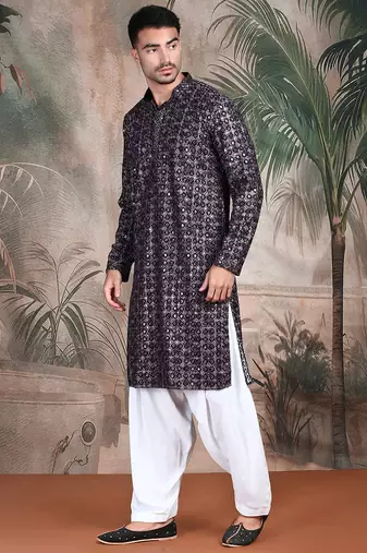 Rust cotton sequins kurta pajama for mens