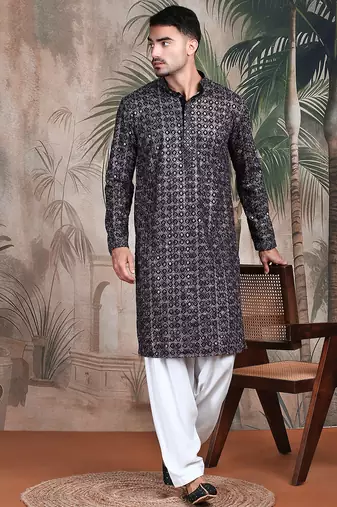 Rust cotton sequins kurta pajama for mens