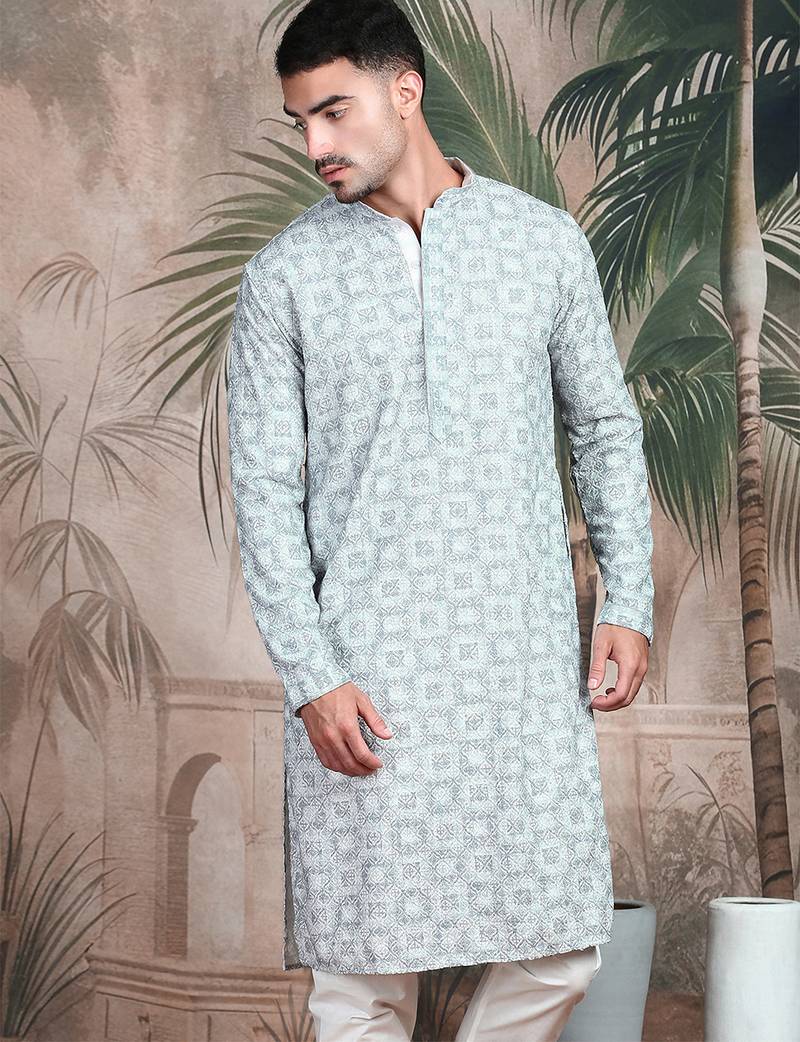 Grey rayon sequins kurta pajama for mens