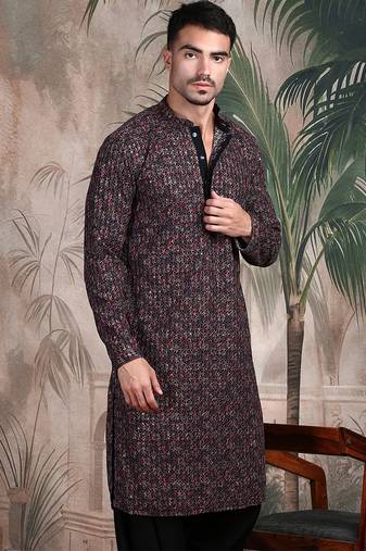 Brown cotton sequins kurta pajama for mens