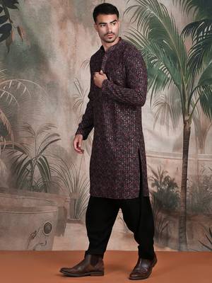 Brown cotton sequins kurta pajama for mens 2
