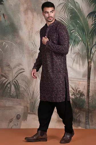 Brown cotton sequins kurta pajama for mens