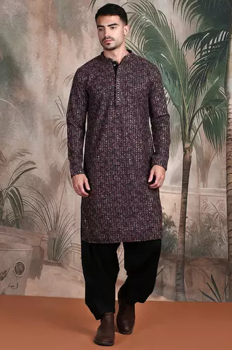 Brown cotton sequins kurta pajama for mens